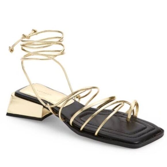 Top Shop‎ Ankle Wrap Sandals Size 6US Gold Black Square Toe Block Heel - Picture 1 of 8